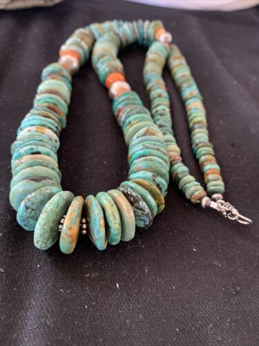 Navajo Graduated Green Turquoise Necklace | Sterling Silver |Authentic Native American | 21" | 00798
