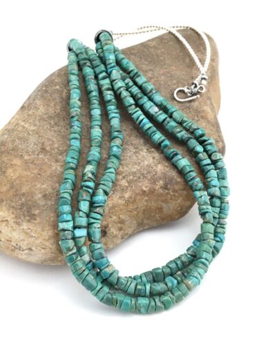 Native American Sterling Silver 3-Strand Turquoise Heishi Necklace | 27" | 6mm Beads | 1138 - Masha USA
