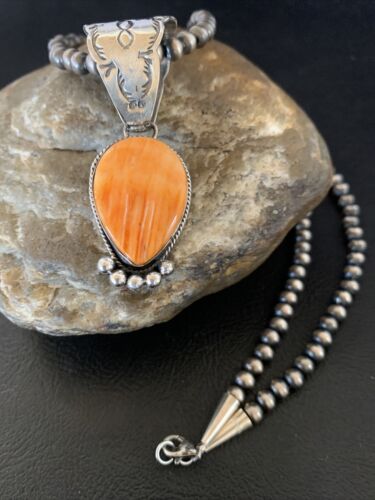 Navajo Orange Spiny Oyster Pendant Necklace | Sterling Silver | Authentic Native American Handmade | 13075