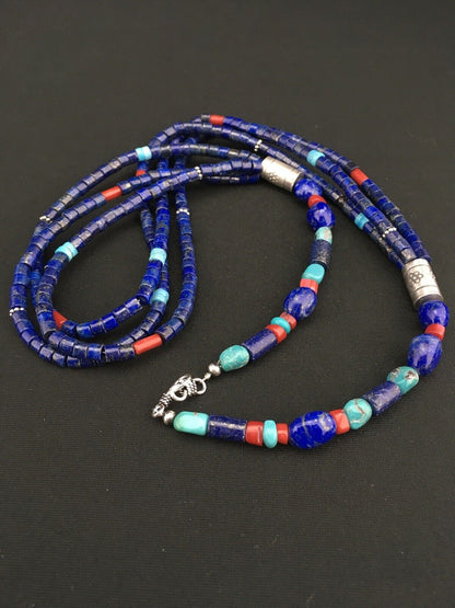 Southwestern Navajo Lapis Turquoise Necklace | 3-Strand | Sterling Silver | 24" | 1332