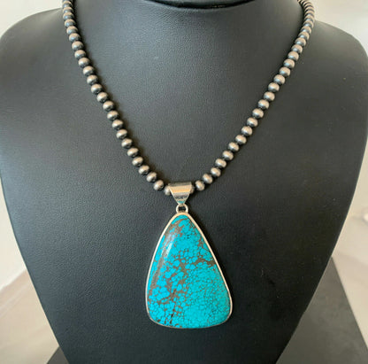 Navajo Pearls Sterling Silver Blue Spiderweb Turquoise Necklace Pendant | Men's Southwestern | 00918