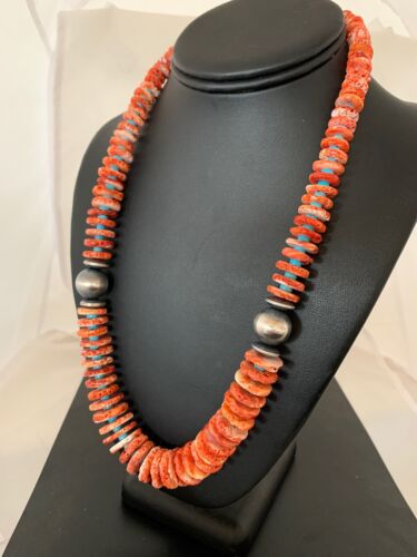Red Spiny Oyster & Blue Turquoise Graduated Necklace | Sterling Silver | Authentic Native American | 25" | 13712