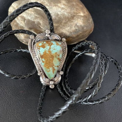 Navajo Green Royston Turquoise Bolo Tie | Sterling Silver | Authentic Native American Handmade | 14109