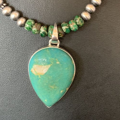 Navajo Green Turquoise Pendant Necklace | Sterling Silver Beads | Authentic Native American Handmade | 13367
