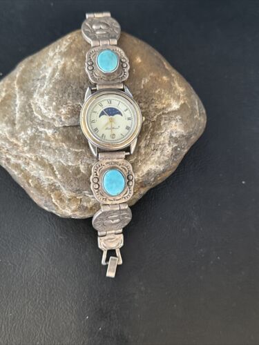Old Pawn Women's Blue Turquoise Navajo Sterling Silver Watch Tips | Authentic Native American Jewelry | 14757