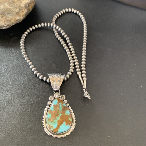 Navajo Pearls Necklace with Blue Royston Turquoise Pendant | Sterling Silver | Native American Handmade | 10764