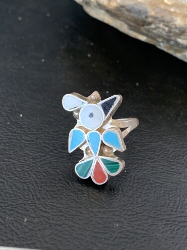 Zuni Peyote Bird Inlay Ring | Sterling Silver | Coral, Turquoise, Onyx, Mother of Pearl | Sz 6.5 | 10791