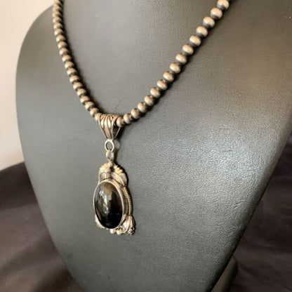 Native American Men's Pendant | Navajo Pearls | Sterling Silver Black Onyx Necklace | 10744