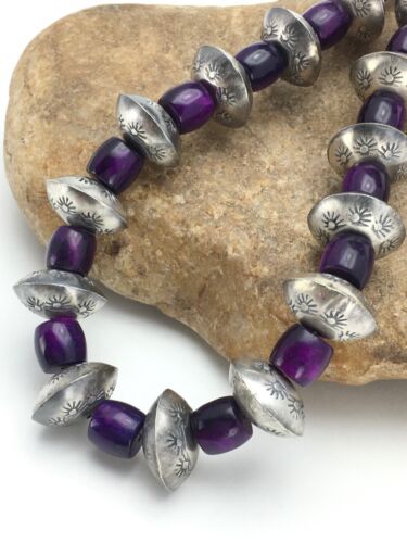 Navajo Sugilite Necklace | Sterling Silver Stamped Beads | 22" | Authentic Native American Handmade | 2702