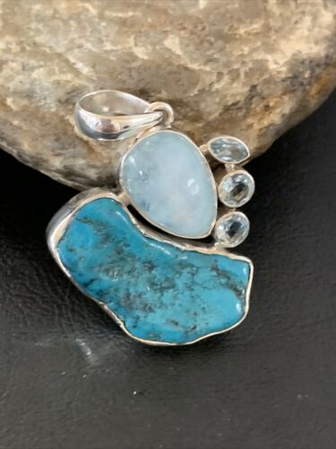 Navajo Blue Topaz Turquoise Pendant | Sterling Silver | 2" | Authentic Native American Handmade | 10832