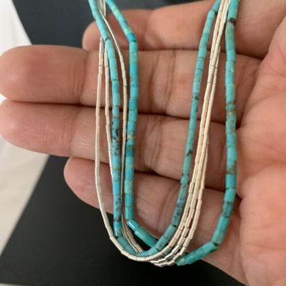Navajo Turquoise Tube Beads | Liquid Silver Heishi | 5-Strand Sterling Silver Necklace 21" | 2178