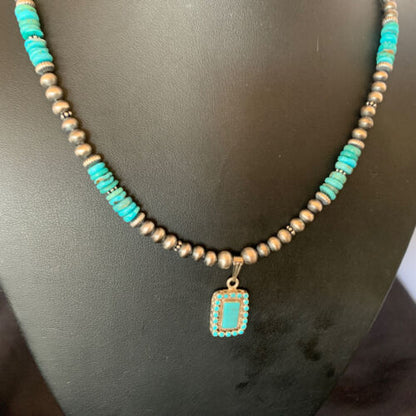 Navajo Blue Turquoise Cluster Pendant Necklace | Sterling Silver | 21" | Authentic Native American Handmade | 12578