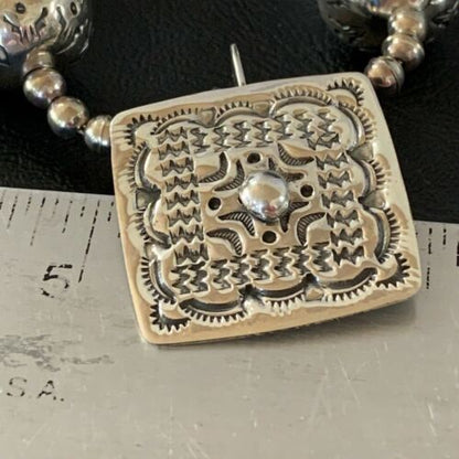 Navajo Square Blue Naja Necklace Set | Authentic Native American Sterling Silver | Handmade Stamped | 10767