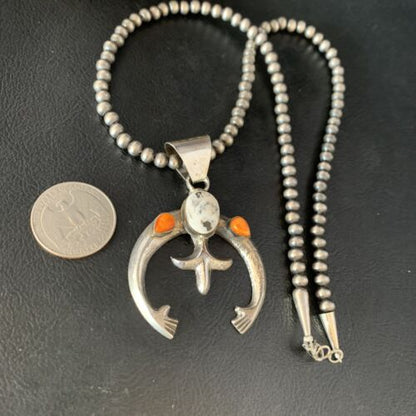 Navajo White Buffalo Turquoise & Spiny Oyster Naja Pendant | Sterling Silver | Authentic Native American Handmade | 13647