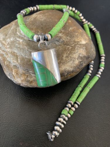 Navajo Green Gaspeite Turquoise Inlay Pendant | Sterling Silver | Authentic Native American Handmade | 12348