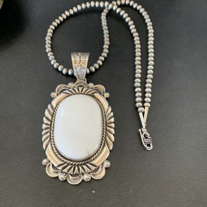 Men's Navajo White Buffalo Turquoise Pendant | Sterling Silver Necklace | Authentic Native American Handmade | 11591