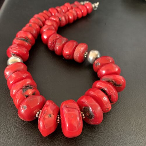 Navajo Red Coral Bead Necklace | Sterling Silver | Graduated 21" | Authentic Native American Jewelry | 13160