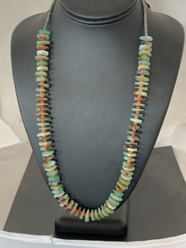 Navajo Green Chrysoprase Spiny Oyster Necklace | Sterling Silver | Authentic Native American Handmade | 24" | 00512