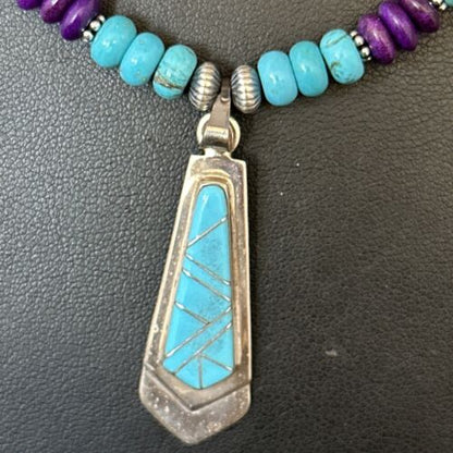 Navajo Blue Turquoise Sugilite Pendant | Sterling Silver Inlay Necklace | Authentic Native American Handmade | 14641