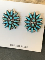Navajo Blue Cluster Turquoise Stud Post Earrings | Sterling Silver | Authentic Native American Handmade | 12302