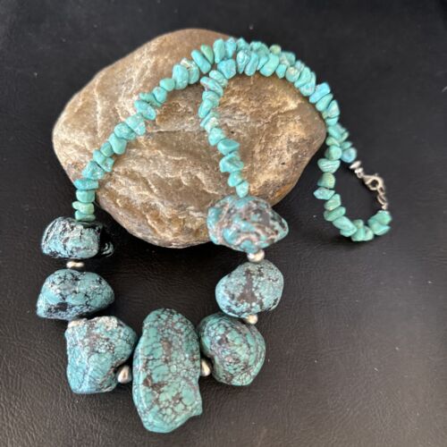 Navajo Blue Turquoise Nugget Necklace | Sterling Silver | Authentic Native American Handmade | 20" | 14419