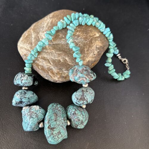 Native CHUNKY Navajo Sterling Silver Nugget Blue Turquoise Necklace 14419