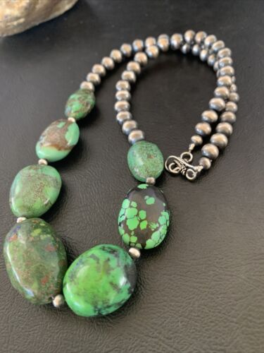 Chunky Navajo Graduated Natural Green Turquoise Necklace | Sterling Silver | Authentic Native American | 18" | 11769