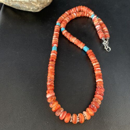 Navajo Turquoise & Red Spiny Oyster Graduated Necklace | Sterling Silver | Authentic Native American | 22" | 13516