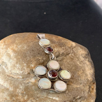 Old Pawn Vintage Multi-Stone Flower Pendant | Sterling Silver | Mother of Pearl & Garnet Dangle | 1186