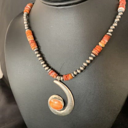 Navajo Orange Spiny Oyster Pendant Necklace | Sterling Silver | Authentic Native American Handmade | 13651