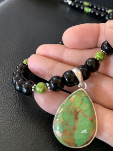 Navajo Pearls Onyx Mojave Turquoise Pendant Necklace | Sterling Silver | Authentic Native American Handmade | 13253