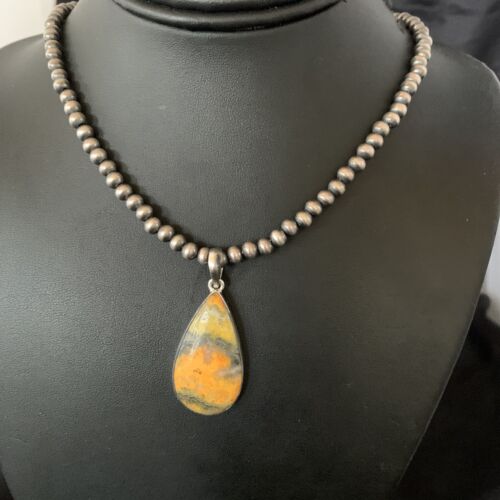 Navajo Yellow Bumblebee Jasper Pendant Necklace | Sterling Silver | Authentic Native American Handmade | 12807