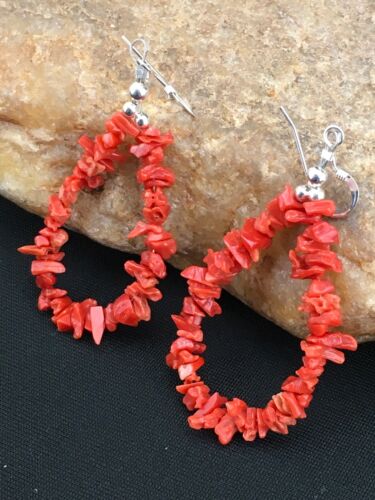 Native American Sterling Silver Navajo Red Coral Earrings | 2" | 1086
