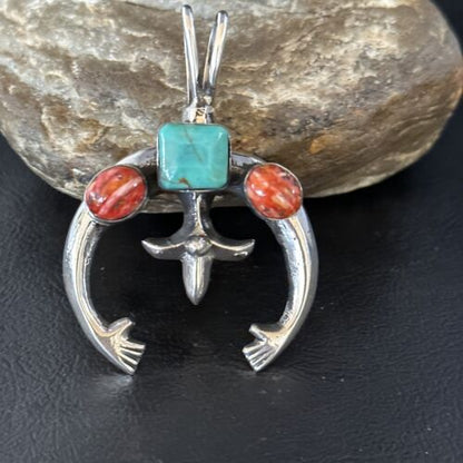 Navajo Blue Turquoise Red Spiny Oyster Naja Pendant | Sterling Silver | Authentic Native American Handmade | 14679