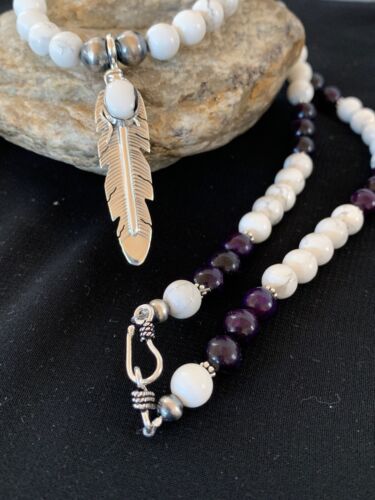 Men's Sugilite Beads Necklace with White Buffalo Pendant | Sterling Silver | Native American Handmade | 2557