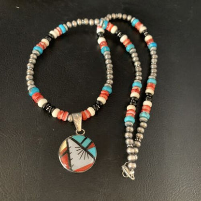 Zuni Multi-Color Turquoise Onyx Necklace | Sterling Silver Inlay Pendant | 13563