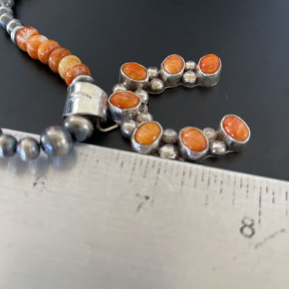 Navajo Pearls Sterling Silver Necklace | Orange Spiny Oyster Naja Pendant | 11346