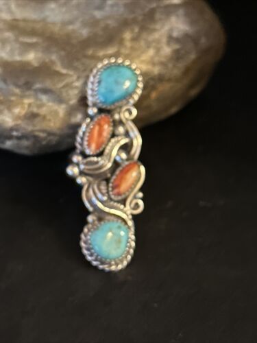 Navajo Turquoise Spiny Oyster Multi-Stone Ring | Authentic Native American Sterling Silver | Sz 8 | 14496