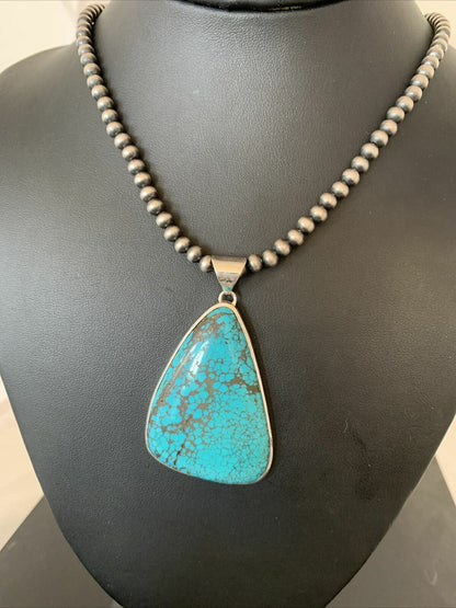 Navajo Pearls Sterling Silver Blue Spiderweb Turquoise Necklace Pendant | Men's Southwestern | 00918
