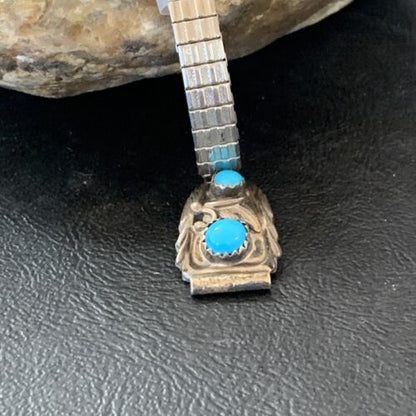 Navajo Sterling Silver Watch Tips | Old Pawn Blue Turquoise Band | Authentic Native American Jewelry | 1638