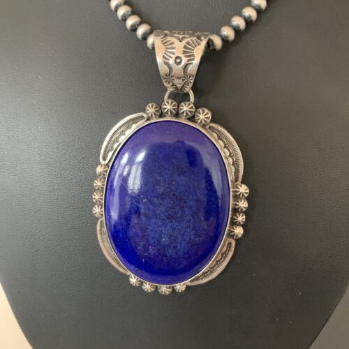 Men's Lapis Lazuli Pendant | Navajo Pearls Sterling Silver Necklace | Authentic Native American Handmade | 1282