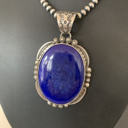 Men's Lapis Lazuli Pendant | Navajo Pearls Sterling Silver Necklace | Authentic Native American Handmade | 1282