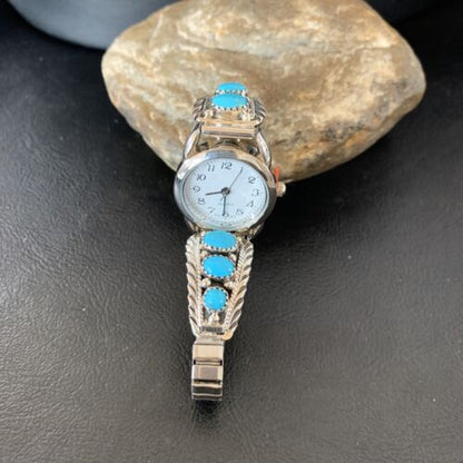 Navajo Sterling Silver Watch Tips with Blue Kingman Turquoise | Stretch Band | Authentic Native American Jewelry | 11578