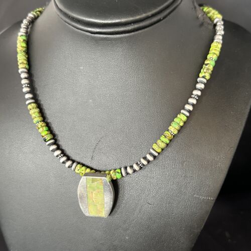 Navajo Green Turquoise Inlay Pendant Necklace | Sterling Silver | 22" | Authentic Native American Handmade | 14610