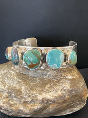 Men's Navajo Blue Turquoise Cuff Bracelet | Sterling Silver | 5 Stones | Authentic Native American Handmade | 01886