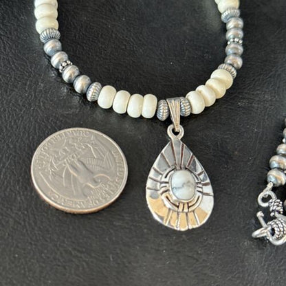 Navajo White Buffalo Turquoise Pendant Necklace | Sterling Silver | Authentic Native American Handmade | 14613