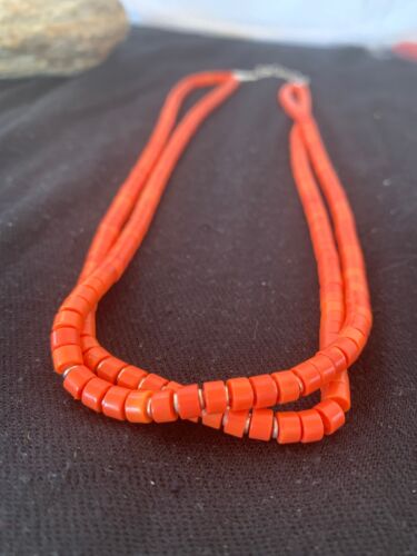 Navajo Apple Coral Tube Heishi Bead Necklace | 2 Strand | Sterling Silver | Authentic Native American Handmade | 4700