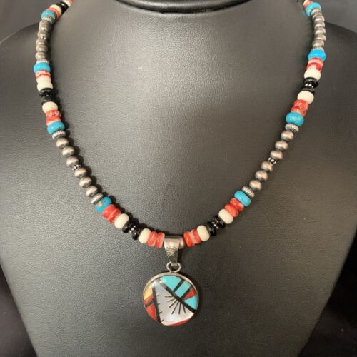 Zuni Multi-Color Turquoise Onyx Necklace | Sterling Silver Inlay Pendant | 13563