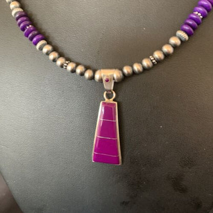 Navajo Pearl Necklace Purple Sugilite Inlay Pendant | Sterling Silver | Authentic Native American Handmade | 12619