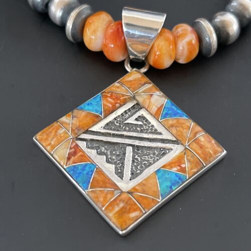 Navajo Pearls Sterling Silver Necklace | Orange Spiny Oyster Opal Inlay Pendant | 11320